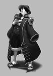  bad_source coat crossed_arms damien_dozias full_body greyscale hat highres male_focus monkey_d_luffy monochrome one_piece oversized_clothes pirate sandals scar self_upload shoulder_pads solo 