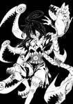  absurdres asymmetrical_wings greyscale grin highres houjuu_nue monochrome sharp_teeth shigurio short_hair smile solo teeth thighhighs touhou wings 