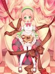  apron bad_id bad_pixiv_id beret binzoko_megane_(san-inch) blush bow candy chocolate detached_sleeves food frills green_eyes hair_ornament hairclip hat highres long_hair momone_momo open_mouth pink_hair sitting smile solo thighhighs utau 