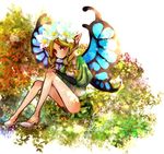  bare_legs blonde_hair blue_wings braid butterfly_wings flower hair_flower hair_ornament legs long_hair looking_at_viewer mercedes odin_sphere pointy_ears red_eyes sasa_(cuculolo) sitting solo twin_braids wings 