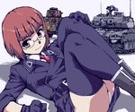  akiyama_yoshika arm_support brown_eyes brown_hair caterpillar_tracks emblem glasses ground_vehicle legs_up military military_uniform military_vehicle moeyo!_sensha_gakkou motor_vehicle necktie panties short_hair sleeves_rolled_up solo tank thighhighs type_10_(tank) type_89_i-gou underwear uniform yuya 