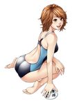  ass barefoot brown_eyes brown_hair competition_swimsuit face feet hanamura hands kneeling lips looking_back one-piece_swimsuit original short_hair sitting smile solo swimsuit wariza 