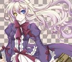  bad_id bad_pixiv_id blue_eyes bow checkered checkered_background dress heterochromia long_hair mary_clarissa_christie purple_dress ribbon sakurairyouka shikkoku_no_sharnoth simple_background smile solo steampunk_(liarsoft) suitcase two-tone_background white_hair yellow_eyes 