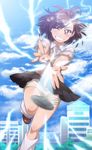  biribiri brown_eyes brown_hair coin electricity grin misaka_mikoto one_eye_closed school_uniform short_hair shorts smile solo sweater_vest to_aru_kagaku_no_railgun to_aru_majutsu_no_index tomoyohi 