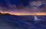  beach brown_eyes cloud dress frills hair_ribbon highres long_hair nekomura_iroha pink_hair pisuke ponytail ribbon scenery sky solo star_(sky) strapless strapless_dress twilight very_long_hair vocaloid water white_dress 