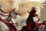  aner_(qqan00) angel angel_wings argenta armor blonde_hair blurry capelet depth_of_field dragon_nest flower geraint grey_hair hood long_hair multiple_girls ponytail red_eyes very_long_hair wings 