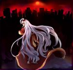  capelet city hair_bobbles hair_ornament innelysion long_hair looking_back red_capelet red_eyes red_sky robe shinki side_ponytail sky solo sunset touhou very_long_hair white_hair 