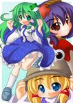  blonde_hair blue_eyes blush chibi frog green_eyes green_hair hair_ornament hat kochiya_sanae long_hair moriya_suwako multiple_girls purple_hair red_eyes shinjitsu snake touhou yasaka_kanako 