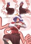  absurdres ass barefoot blush commentary dancing hair_ornament heart heart_hands highres leaf moe_moe_kyun! one_eye_closed open_mouth purple_hair red_eyes short_hair smile solo sweat tobisawa tongue touhou yasaka_kanako 