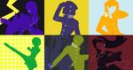  4girls amagi_yukiko hanamura_yousuke headphones highres houndstooth ipod_ad kicking moriririnn multiple_boys multiple_girls narukami_yuu persona persona_4 satonaka_chie shirogane_naoto silhouette tatsumi_kanji 