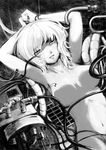 absurdres android armpits arms_up bdsm bondage bound breasts cyberpunk dutch_angle greyscale highres machine maribel_hearn medium_breasts misopanne monochrome no_nipples nude sex_machine short_hair solo touhou tube 