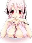  between_breasts blush breast_rest breasts chigo headphones large_breasts long_hair necktie nitroplus pink_hair red_eyes sleeves_rolled_up solo super_sonico 