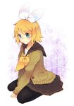  aqua_eyes bad_id bad_pixiv_id blonde_hair chizu_(fiute) hair_ornament hair_ribbon hairclip highres kagamine_rin nail_polish pantyhose ribbon short_hair sitting skirt solo sweater vocaloid wariza 