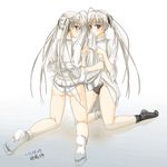  black_eyes black_legwear black_panties blush dress dress_lift feet kasugano_sora kneeling long_hair looking_back mouth_hold multiple_girls panties submerged sunazuka twintails underwear water white_legwear white_panties yosuga_no_sora 