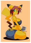  anthro big_breasts blush breasts brown_hair cleavage clothed clothing cute female fur green_eyes hair jeans looking_at_viewer looking_back nintendo nintendo_ds pikachu pink_nose pok&#233;mon pok&#233;morph pok&eacute;mon pok&eacute;morph sammy shorts sitting smile solo tail thick_thighs thighs thong tiger1001 underwear video_games voluptuous wide_hips yellow yellow_fur 