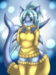  blue_eyes blue_hair clothed clothing cute female fish hair marine mnxenx001 myrl open_mouth shark solo sweater 