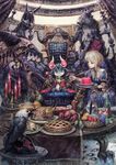  apple armor bird dragon elf fantasy fish food fruit gelatin grapes highres horns lobster murayama_ryouta original pointy_ears pumpkin sitting table throne turkey_(food) waffle 