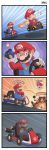  2boys ayyk92 baby_mario blue_overalls bob-omb english_text explosion facial_hair ground_vehicle hat highres laughing mario mario_(series) mario_kart motor_vehicle multiple_boys musical_note mustache nintendo overalls red_hat super_mario_bros. time_paradox 