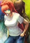  aozaki_aoko aqua_eyes back-to-back breasts brown_hair denim dual_persona hair_intakes hand_in_pocket highres jeans large_breasts long_hair mahou_tsukai_no_yoru multiple_girls pants red_hair school_uniform shirt t-shirt taii_gp01 time_paradox tsukihime very_long_hair 