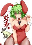  2011 ;) animal_ears aoi_manabu between_breasts blush breasts bunny bunny_ears bunnysuit chinese_zodiac cleavage closed_mouth covered_navel fake_animal_ears food green_hair huge_breasts kazami_yuuka lagombi makizushi monster_hunter monster_hunter_portable_3rd naughty_face new_year one_eye_closed pantyhose plaid red_eyes short_hair smile solo sushi touhou white_background wrist_cuffs year_of_the_rabbit 