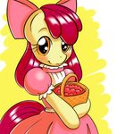  apple_bloom_(mlp) applebloom_(mlp) basket bow clothing cub equine female feral friendship_is_magic fruit fur hair horse kloudmutt looking_at_viewer mammal my_little_pony orange_eyes pony red_hair smile solo yellow_fur young 