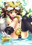  &gt;_&lt; annoyed bad_id bad_pixiv_id black_legwear brown_hair closed_eyes collar fang gloves koihime_musou nemo_(piisukun) open_mouth paw_gloves paws red_eyes sitting solo thighhighs tora_(koihime_musou) twintails water 