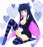  1girl blue_eyes blue_hair bow breasts cleavage dress female heart long_hair multicolored_hair panty_&amp;_stocking_with_garterbelt pink_hair smile solo stocking_(character) stocking_(psg) striped striped_legwear thighhighs two-tone_hair 