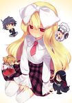  4girls bad_id bad_pixiv_id blonde_hair bow chibi chibi_inset doumeki hair_bow hair_ornament hair_ribbon japanese_clothes kannagi-ke_e_youkoso! kannagi_amane kannagi_hana kannagi_tamaki kimono kinjou_ai long_hair maid miko minigirl multiple_girls necktie obi official_art plaid plaid_skirt red_eyes ribbon sash sitting skirt smile sumaki_shungo thighhighs white_legwear 