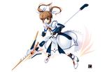  brown_hair fingerless_gloves gloves green_eyes hair_ribbon lyrical_nanoha mahou_shoujo_lyrical_nanoha mahou_shoujo_lyrical_nanoha_the_movie_1st raising_heart ribbon solo takamachi_nanoha tebukuro twintails 