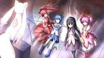  :3 akemi_homura aura bow_(weapon) bubble_skirt dress hair_between_eyes kaname_madoka kyubey long_hair magical_girl mahou_shoujo_madoka_magica miki_sayaka multiple_girls one_eye_closed polearm ponytail sakura_kyouko short_hair short_twintails skirt spoilers sword twintails very_long_hair weapon zen_(weishanzhe) 