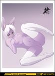  2009 background_gradient blush breasts female glasses hair lagomorph lilith_(rabbit) long_hair navel nipples nude on_back one_eye_closed open_mouth purple pussy rabbit small_breasts solo stockings travarisrhade white_hair 
