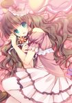  absurdres blush brown_hair dress fang flower food fruit hat heart highres lolita_fashion long_hair lying mini_hat mini_top_hat on_side open_mouth original pantyhose satsuki_misuzu smile solo strawberry top_hat wavy_hair white_legwear 