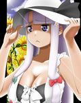  :&lt; bangs blunt_bangs breasts cleavage flower hair_ornament hairclip hat hat_tug highres large_breasts patchouli_knowledge purple_eyes purple_hair shigeruoomi solo sun sun_hat sunflower touhou upper_body 