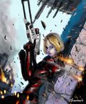  aqua_eyes armor bad_id bad_pixiv_id battle blonde_hair chevasis commander_shepard commander_shepard_(female) gun highres lips m-92_mantis mass_effect one_eye_closed rifle short_hair sniper_rifle solo under_fire weapon 