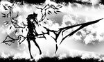  acryl flandre_scarlet greyscale hat highres monochrome polearm short_hair side_ponytail solo spear touhou weapon wings 