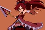  :d black_legwear blush bow fang hair_bow long_hair magical_girl mahou_shoujo_madoka_magica nanateru open_mouth orange_eyes outstretched_arm outstretched_hand pleated_skirt polearm ponytail red_hair sakura_kyouko skirt smile solo spear thighhighs very_long_hair weapon 