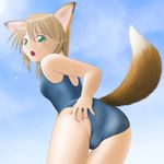  animal_ears blonde_hair blush camel_toe canine female fox foxgirl green_eyes hair hentai kemonomimi kitsunemimi looking_at_viewer oka_takeshi short_hair soft solo standing swimsuit tail 