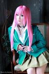  1girl akashiya_moka akashiya_moka_(cosplay) cosplay cross long_hair photo pink_hair real rosario+vampire school_uniform skirt solo 
