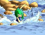  bad_id bad_pixiv_id crazy_eyes crazy_laugh desaku fish frog green_hair hair_ornament kochiya_sanae no_nose one-piece_swimsuit open_mouth river rock school_swimsuit snake solo star swimsuit touhou wading water yellow_eyes 