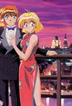  arm balcony bare_shoulders blonde_hair blue_eyes blush bow bowtie breast_press breasts china_dress chinadress chinese_clothes cityscape couple dress earrings formal happy hug jewelry kane_blueriver legs long_sleeves lost_universe millennium_feria_nocturne pants red_hair short_hair side_slit smile suit 