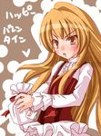  aisaka_taiga brown_eyes brown_hair gift gift_bag happy_valentine holding holding_gift kurumi_(tukihina) long_hair solo toradora! valentine 