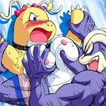  blue_eyes blush breast_fondling breasts collar cum dragonite female fondling furry g-sun lowres machamp male monster muscles nipples no_humans pok&eacute;mon pokemon purple sex straight sweat yellow 