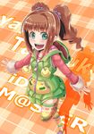  :d brown_hair dan_(orange_train) green_eyes hood hoodie idolmaster idolmaster_(classic) long_hair open_mouth outstretched_arms skirt smile solo spread_arms takatsuki_yayoi thighhighs twintails 