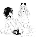  barefoot bed bed_sheet bow fang flat_chest full-length_zipper funami_yui greyscale hair_bow hair_ribbon highres hood hoodie long_hair monochrome multiple_girls namori nib_pen_(medium) open_mouth pajamas pillow ribbon short_hair sketch sweatdrop sweater toshinou_kyouko traditional_media you_gonna_get_raped yuru_yuri zipper 