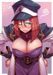  1girl black_headwear blue_eyes blush breasts brown_hair cleavage dress forte_stollen galaxy_angel glasses hands_on_hips hat highres leaning_forward looking_at_viewer monocle one_eye_closed open_mouth pink_background purple_dress red_hair short_hair solo standing sweatdrop tukiwani 
