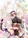  akina_t alternate_color animal_ears armor bad_id bad_pixiv_id black_legwear blue_eyes breasts cat_ears feathers huge_breasts no_panties satomi_(sengoku_taisen) sengoku_taisen solo thighhighs white_hair wings 