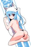  ahoge animal_ears aqua_hair ass auer back barefoot bili_girl_33 bilibili_douga black_panties cat_ears feet frown headphones highres kemonomimi_mode looking_at_viewer looking_back panties pillow pillow_hug red_eyes seiza side_ponytail sitting soles solo string_panties topless underwear underwear_only 