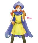  alena_(dq4) blush brown_eyes cape curly_hair dragon_quest dragon_quest_iv dress earrings gloves hat jewelry lipstick long_hair makeup pantyhose red_hair smile sukerock 
