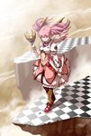  alternate_costume boots checkered checkered_floor highres kamen_rider kamen_rider_ryuki kamen_rider_ryuki_(series) kaname_madoka kaneko_tsukasa long_hair magical_girl mahou_shoujo_madoka_magica mask md5_mismatch parody pink_eyes pink_hair serious solo twintails 