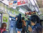  3boys guitar_case highres instrument_case k-on! looking_back meta moco._(artist) multiple_boys multiple_girls nakano_azusa oil_painting_(medium) school_uniform traditional_media train_interior 